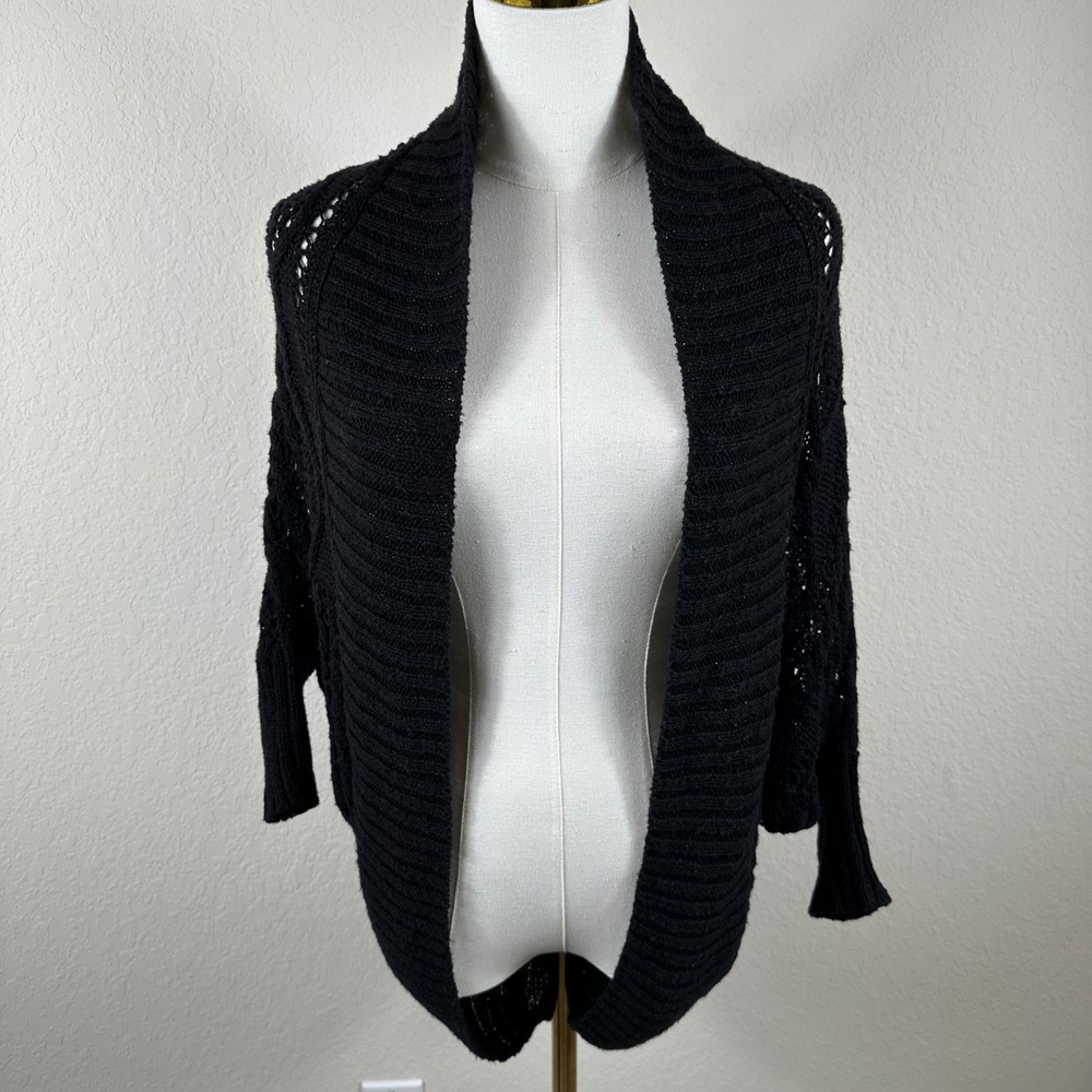 DKNY Linen Cotton Cardigan Womens P/S Black Crochet Shrug Dolman Batwing Cocoon